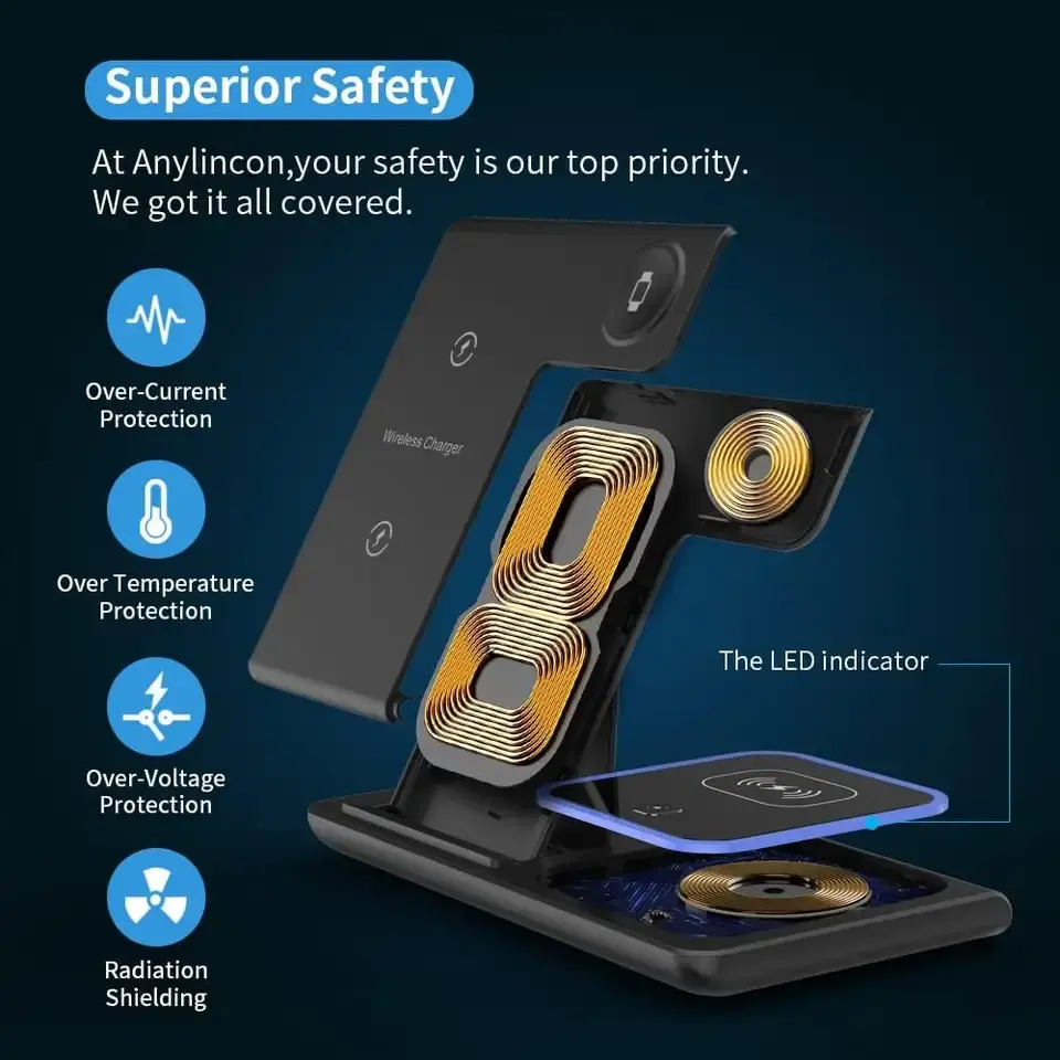 3 in 1 Foldable Wireless Charger Stand, Fast Wireless Charging Docking station