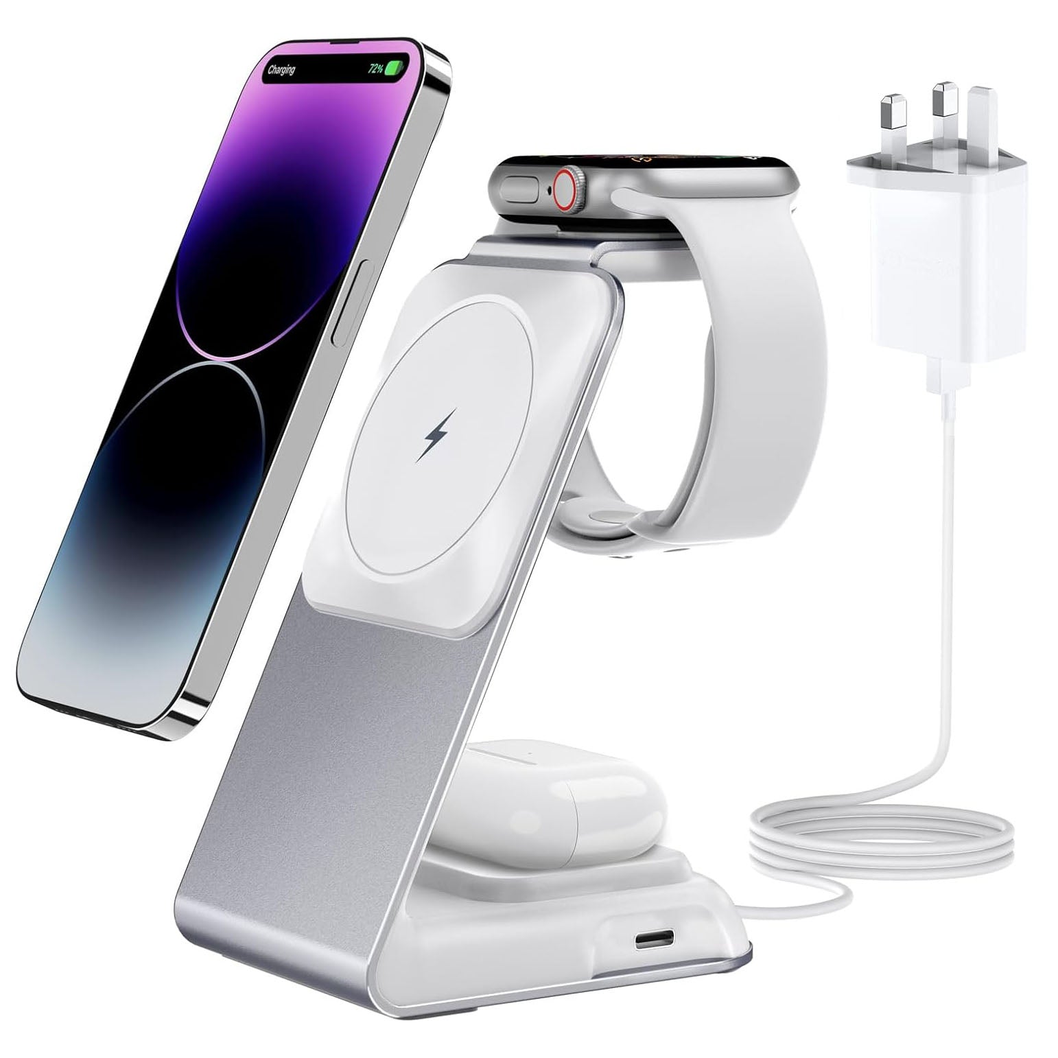 4 in 1 Wireless Charging Station for Watch Charger Compatible-Mag-Safe Charger Stand for Smartphones  (33W Adapter Included) - YFW-F142