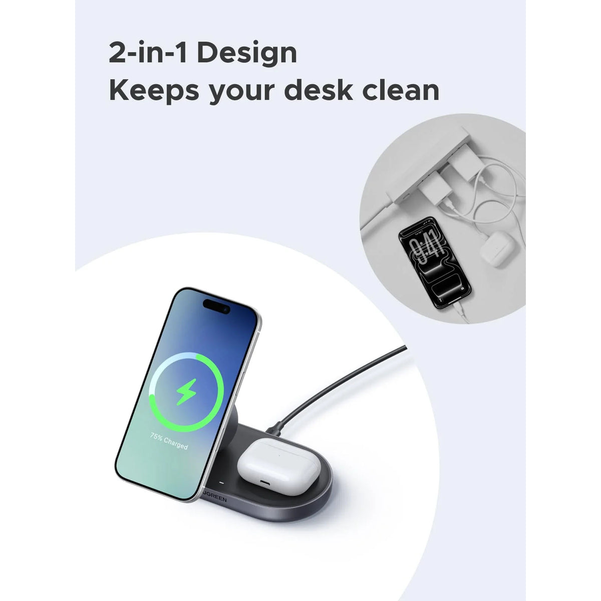 UGREEN Zapix 2 in 1 MagSafe Qi2 15W Induction Charger for iPhone Compatible with iPhone 17 16 15 14 13 12 Air Plus Pro Max, AirPods 4 3 Pro 3 2 1, Magnetic Wireless Charger Fast Charge