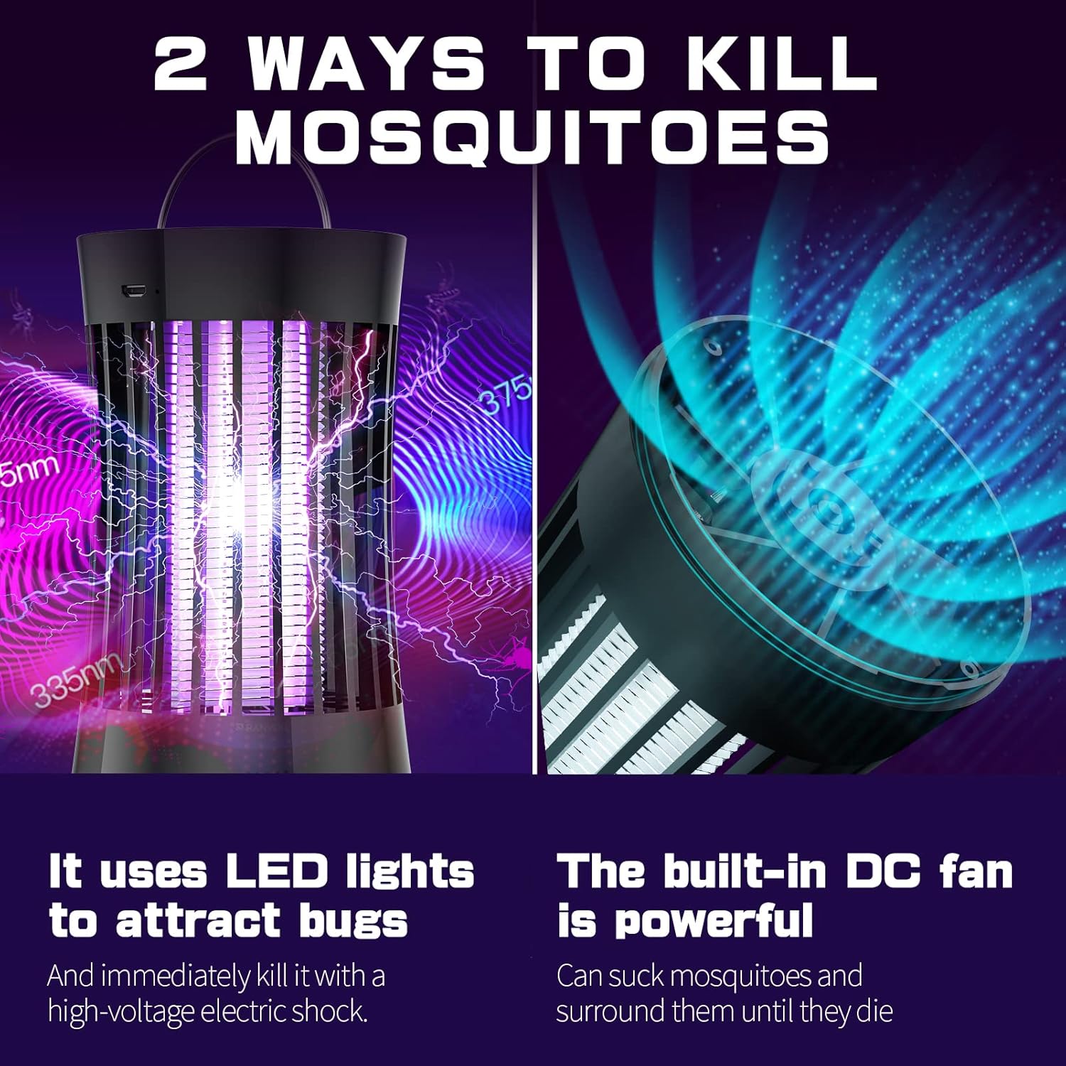 AICase Portable USB Electronic Rechargeable Mosquito Killer Lamp/Bug Zapper for Summer Trip,Outdoor Camping, Patio, Home and Garden, Trap Indoor, Moth Trap/Bug Killer/Mosquito Killer Light(Black)