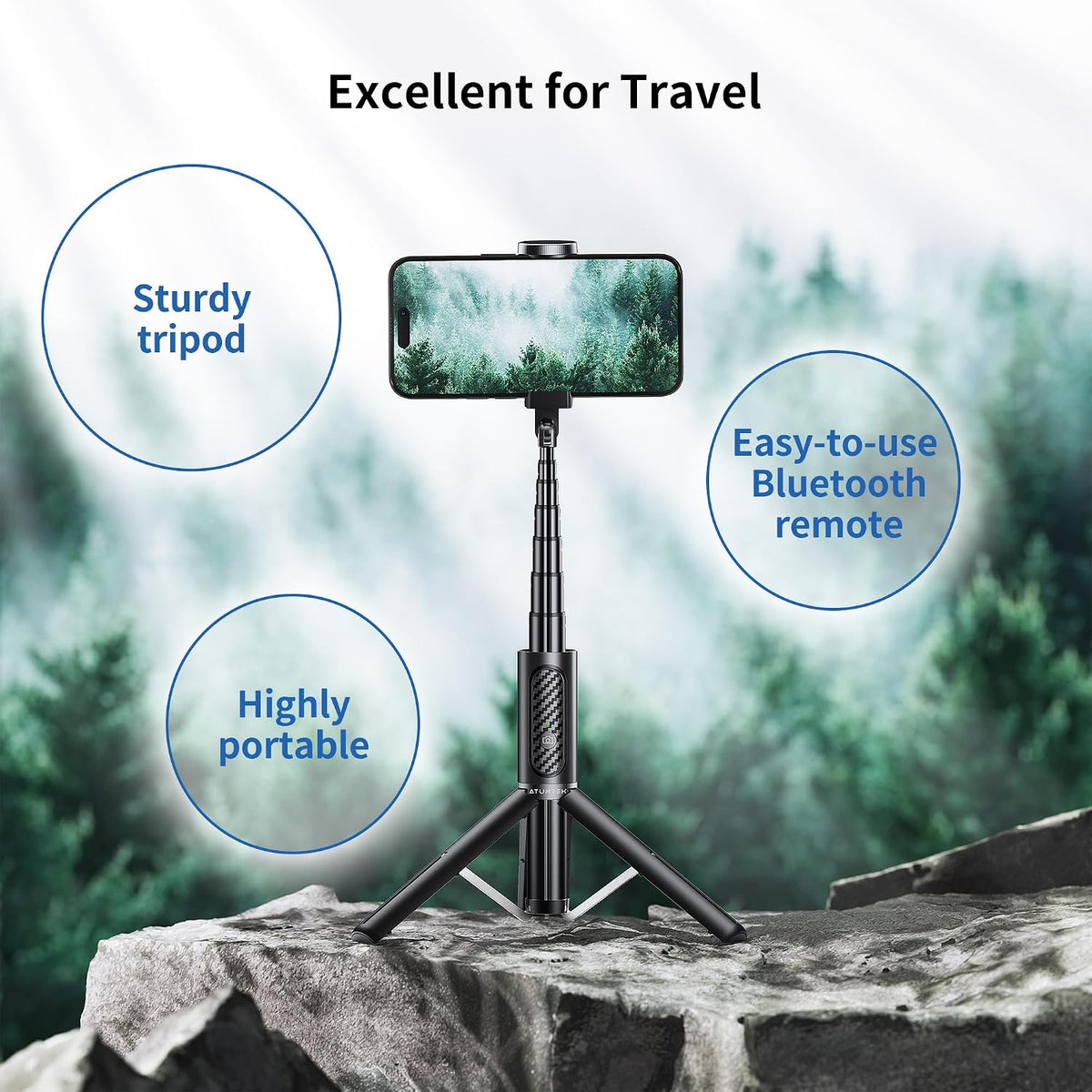 ATUMTEK 33" Selfie Stick Tripod, 3-in-1 Extendable Aluminum Phone Tripod with Detachable Bluetooth Remote, Compatible with Smartphones