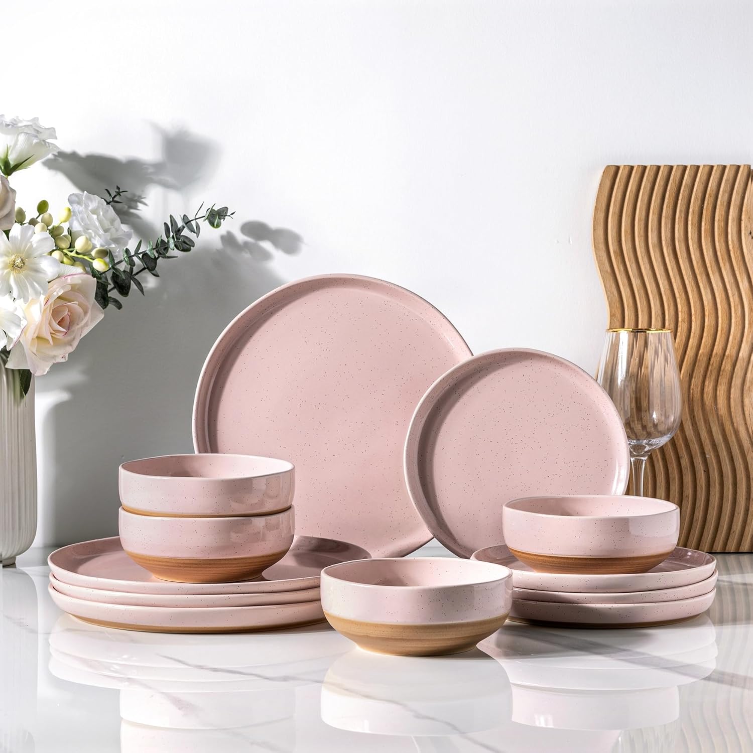 AmorArc Ceramic Plates and Bowls Set of 12 Hand Painted with Wavy Rim, Scratch Resistant, Dishwasher and Microwave Safe, Pink