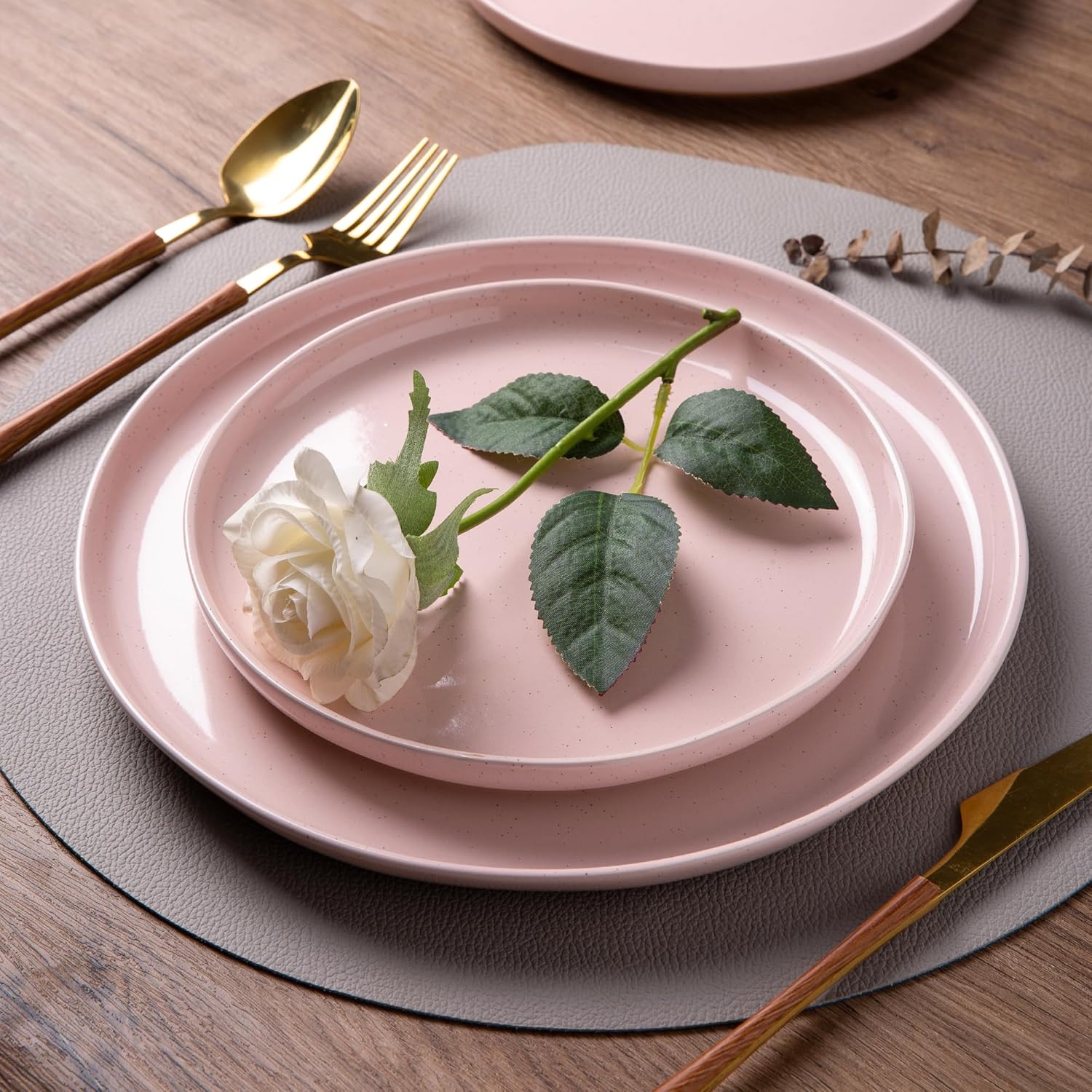 AmorArc Ceramic Plates and Bowls Set of 12 Hand Painted with Wavy Rim, Scratch Resistant, Dishwasher and Microwave Safe, Pink