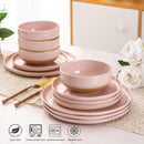 AmorArc Ceramic Plates and Bowls Set of 12 Hand Painted with Wavy Rim, Scratch Resistant, Dishwasher and Microwave Safe, Pink