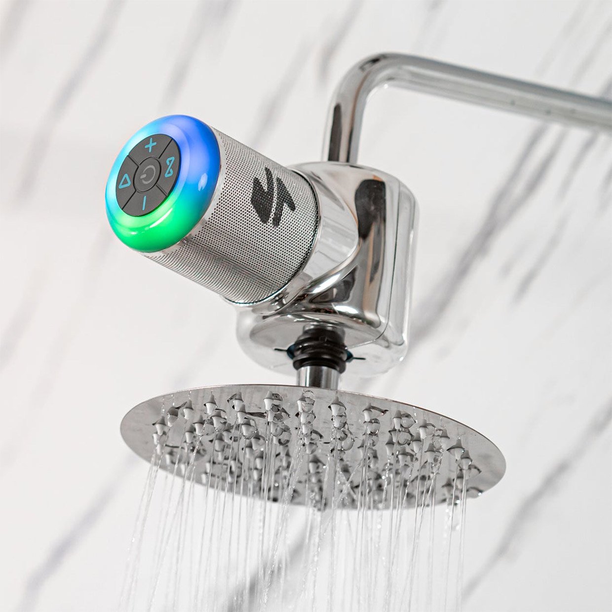 Ampere Shower Power Pro - Hydropower Bluetooth Shower Speaker, Waterproof Detachable Portable, Rechargeable Mini Speaker with LED Lights (Chrome)
