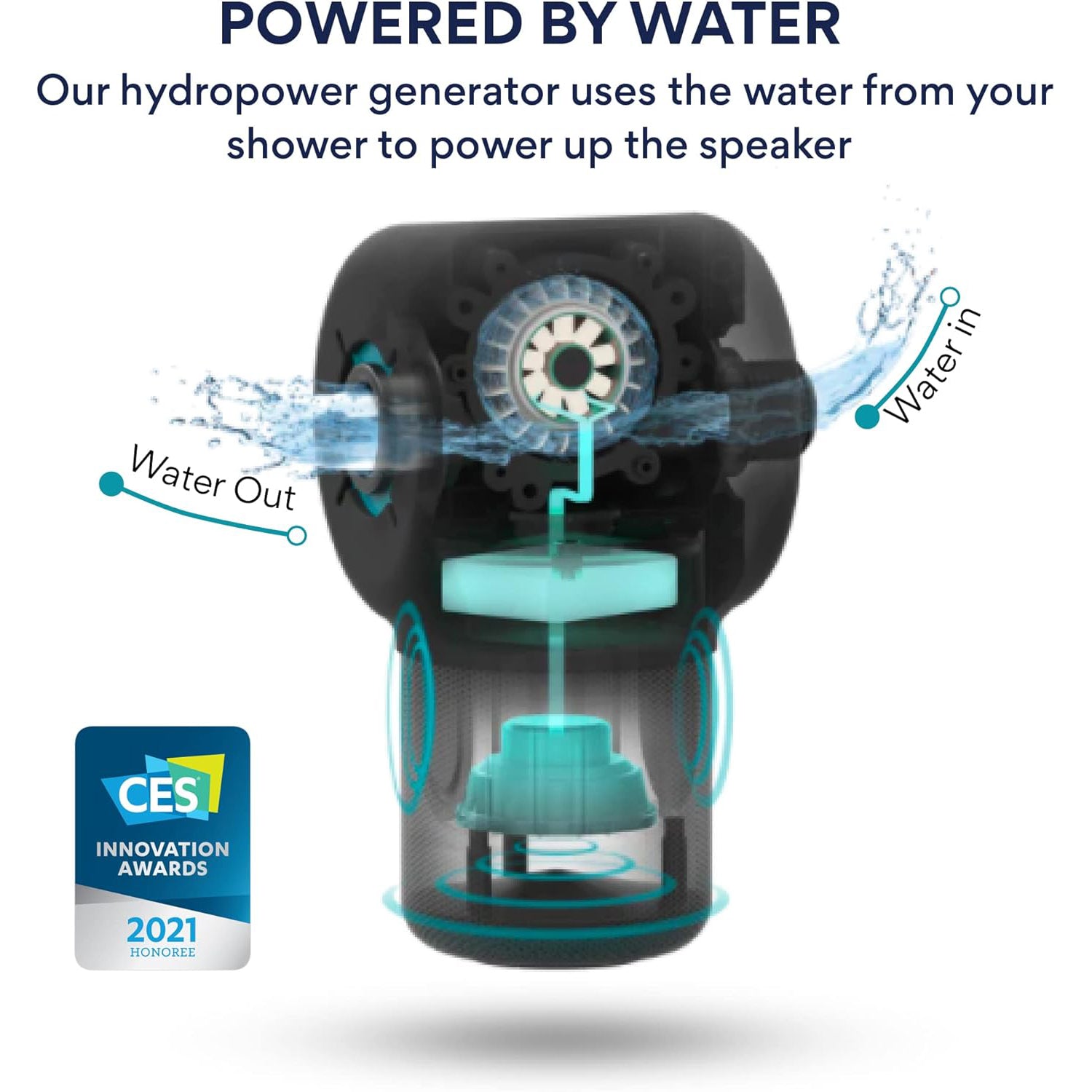 Ampere Shower Power Pro - Hydropower Bluetooth Shower Speaker, Waterproof Detachable Portable, Rechargeable Mini Speaker with LED Lights (Chrome)