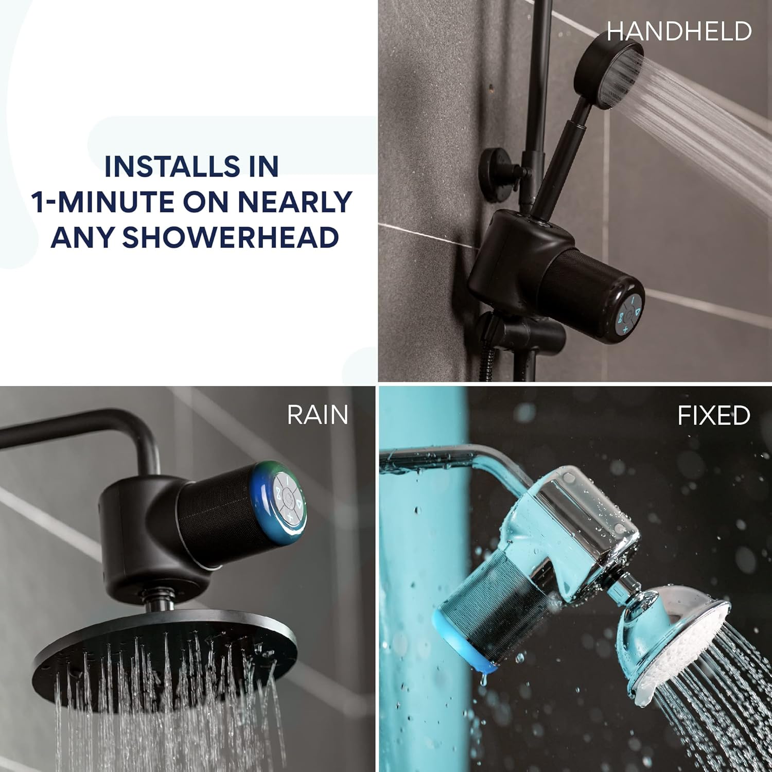 Ampere Shower Power Pro - Hydropower Bluetooth Shower Speaker, Waterproof Detachable Portable, Rechargeable Mini Speaker with LED Lights (Chrome)