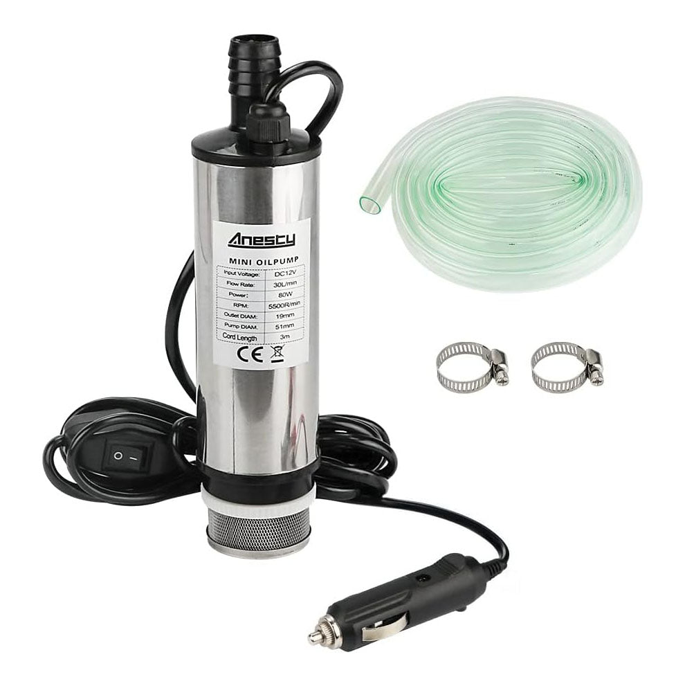 Anesty Water Pump Diesel Fuel Transfer Pump DC 12V Φ51mm for Water Oil Liquid Diesel, Stainless Steel Submersible Pump with Cigarette Plug, Filter Removable | 3 Meter Power Cord + Hose, Hose Clamps