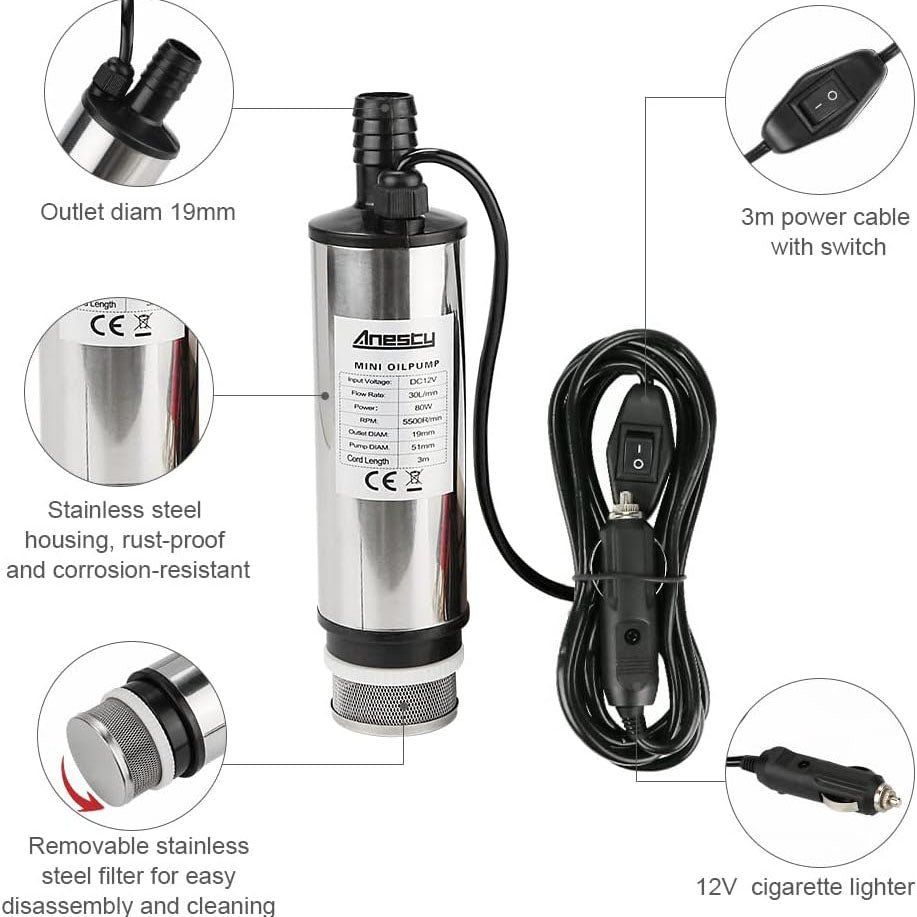Anesty Water Pump Diesel Fuel Transfer Pump DC 12V Φ51mm for Water Oil Liquid Diesel, Stainless Steel Submersible Pump with Cigarette Plug, Filter Removable | 3 Meter Power Cord + Hose, Hose Clamps