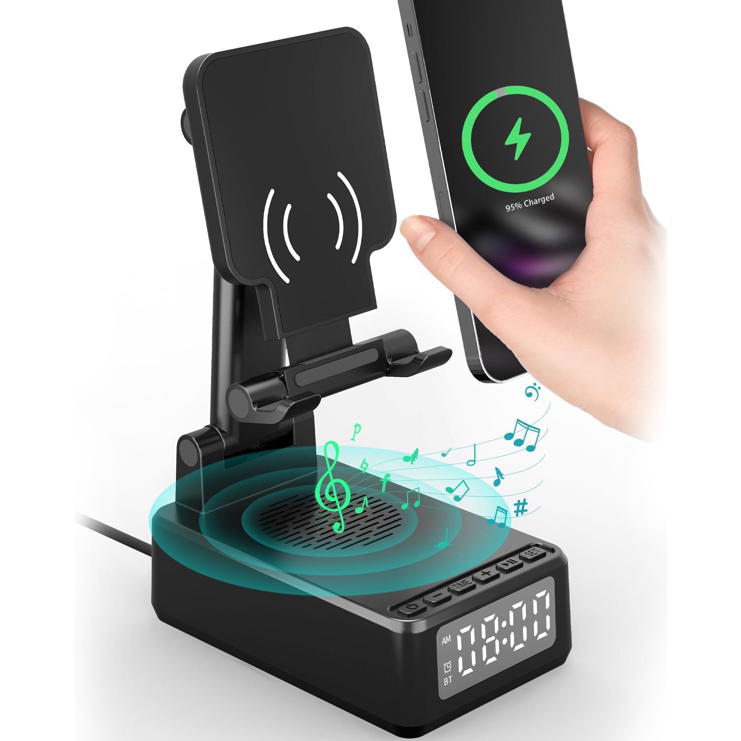 Cell Phone Wireless Charging Stand with Bluetooth Speaker, Phone Charger Stand with Digital Alarm Clock -BQ12
