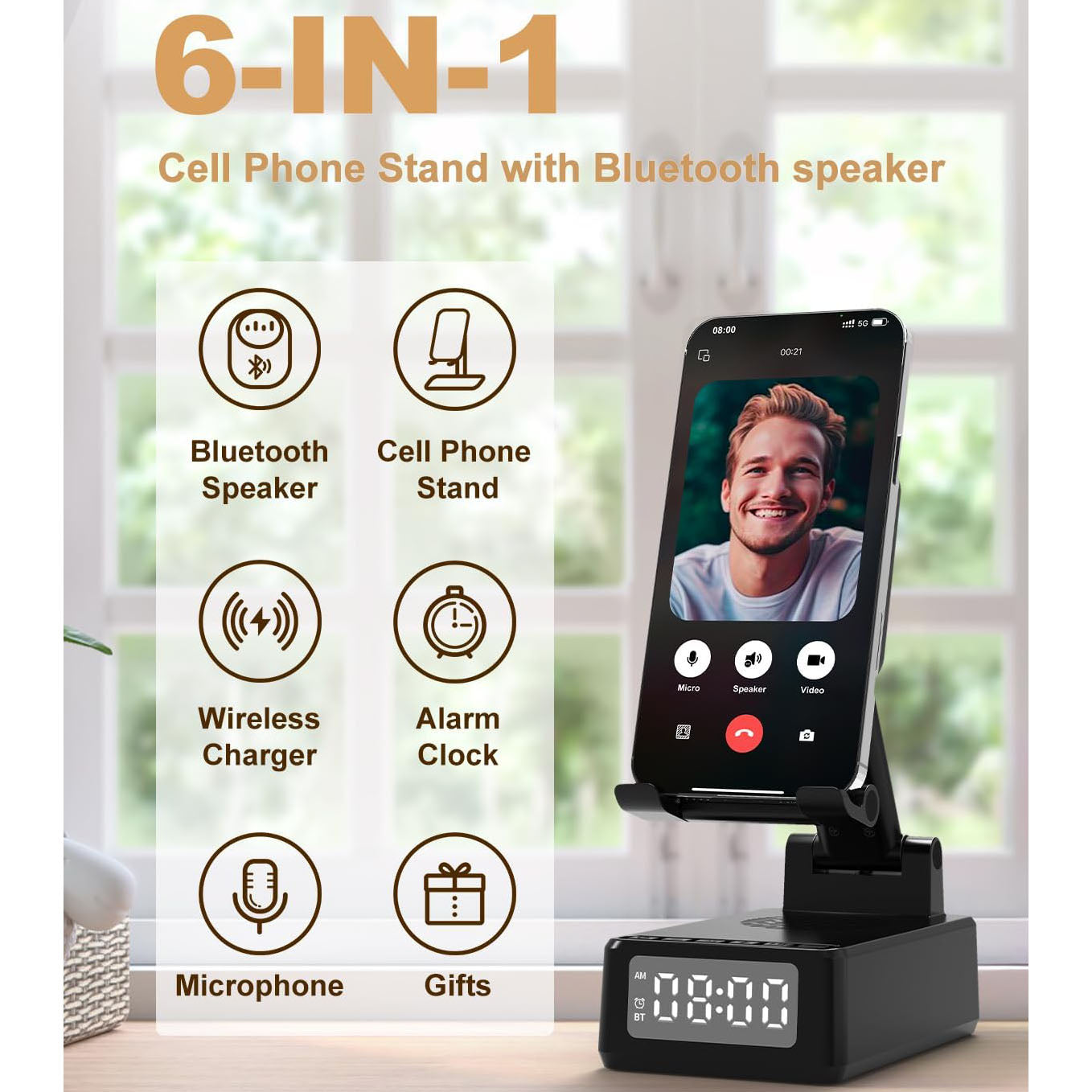 Cell Phone Wireless Charging Stand with Bluetooth Speaker, Phone Charger Stand with Digital Alarm Clock -BQ12