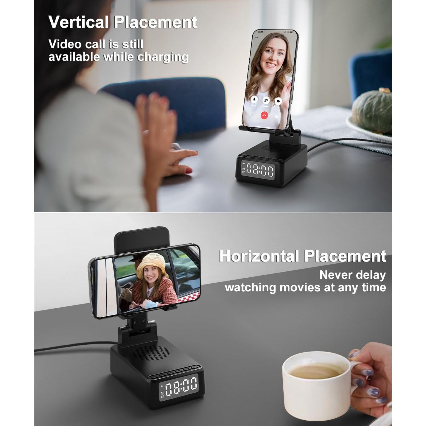 Cell Phone Wireless Charging Stand with Bluetooth Speaker, Phone Charger Stand with Digital Alarm Clock -BQ12