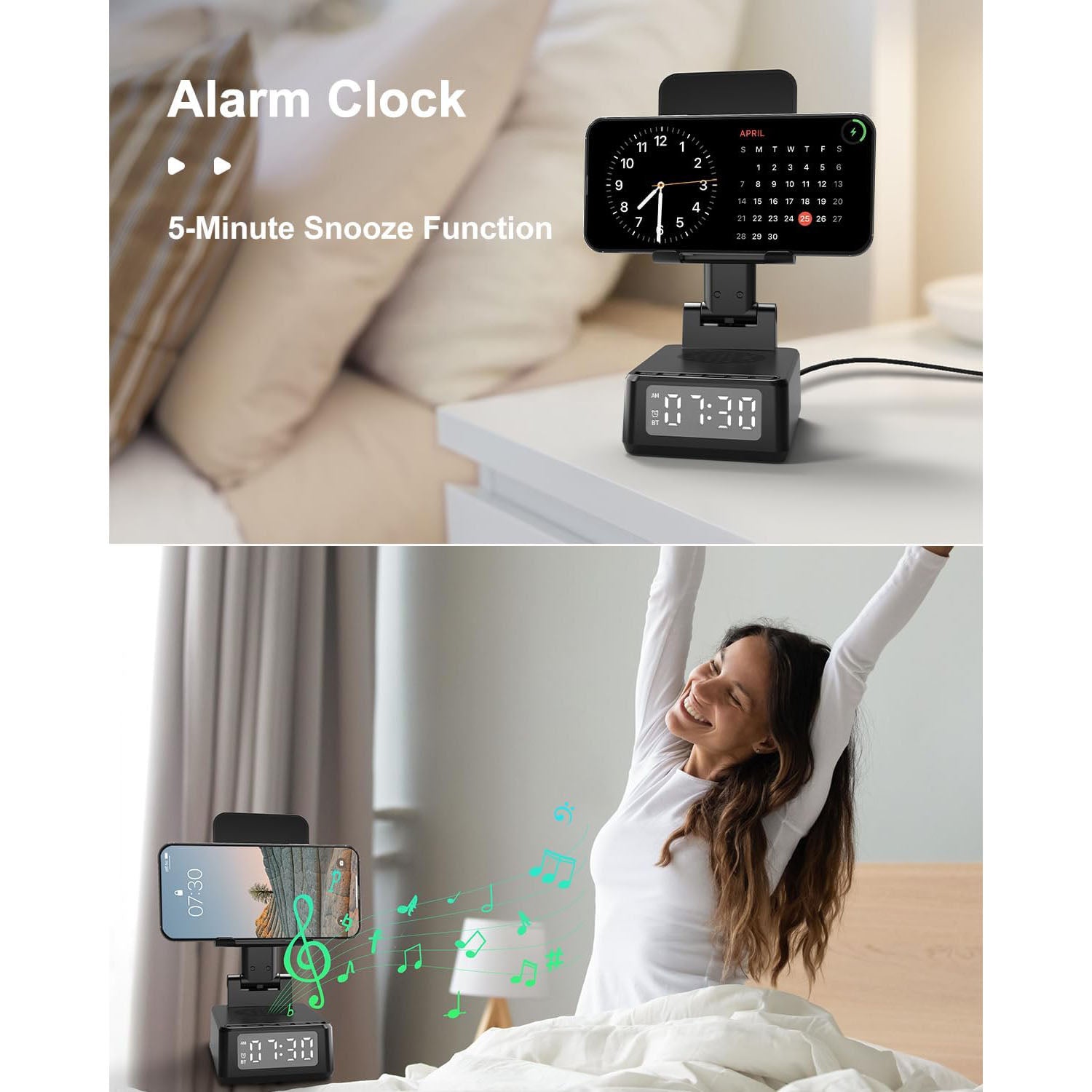 Cell Phone Wireless Charging Stand with Bluetooth Speaker, Phone Charger Stand with Digital Alarm Clock -BQ12