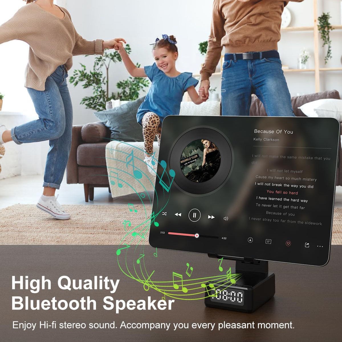 Cell Phone Wireless Charging Stand with Bluetooth Speaker, Phone Charger Stand with Digital Alarm Clock -BQ12