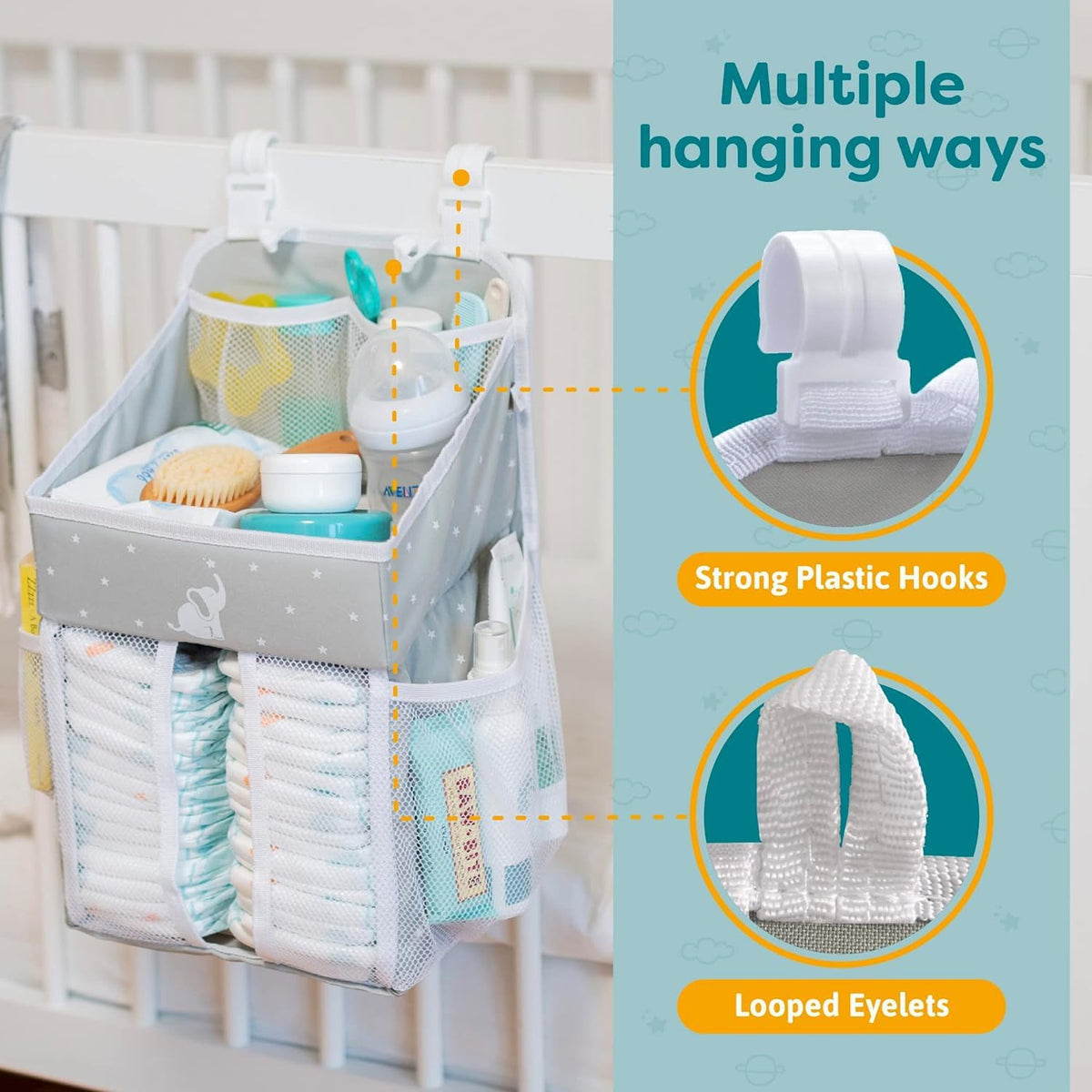 Cradle Star Hanging Changing Table Organizer - Baby Nursery Organizer with Multiple Compartments - Hanging Storage Door - 43 x 23 x 23 cm - Grey