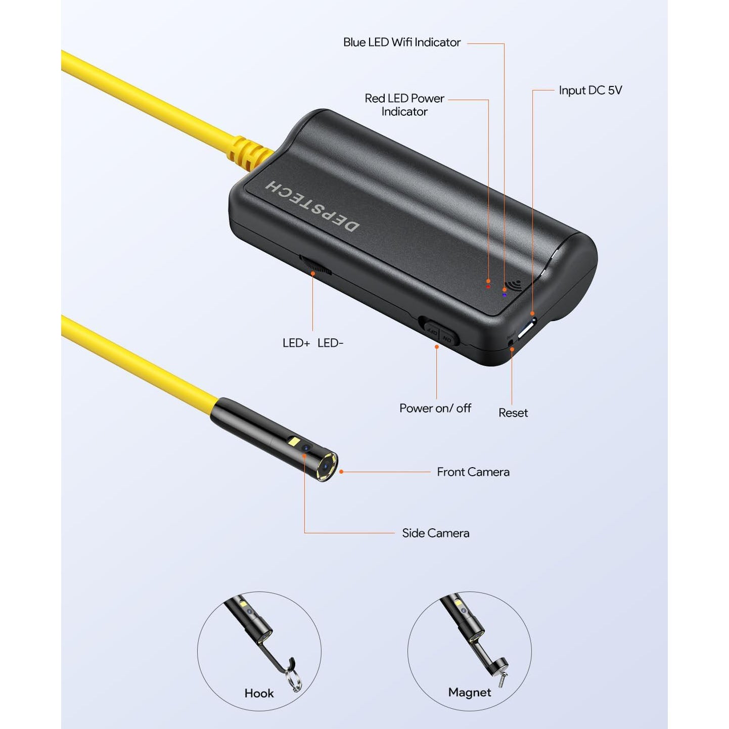 DEPSTECH Dual Lens Wireless Endoscope, 1080P Scope Camera with 7 LED Lights, 0.31In Lens Video HD Inspection Camera, Zoom Waterproof Borescope Semi-Rigid Cable for Android & iOS Phone or Tablet-16.5FT