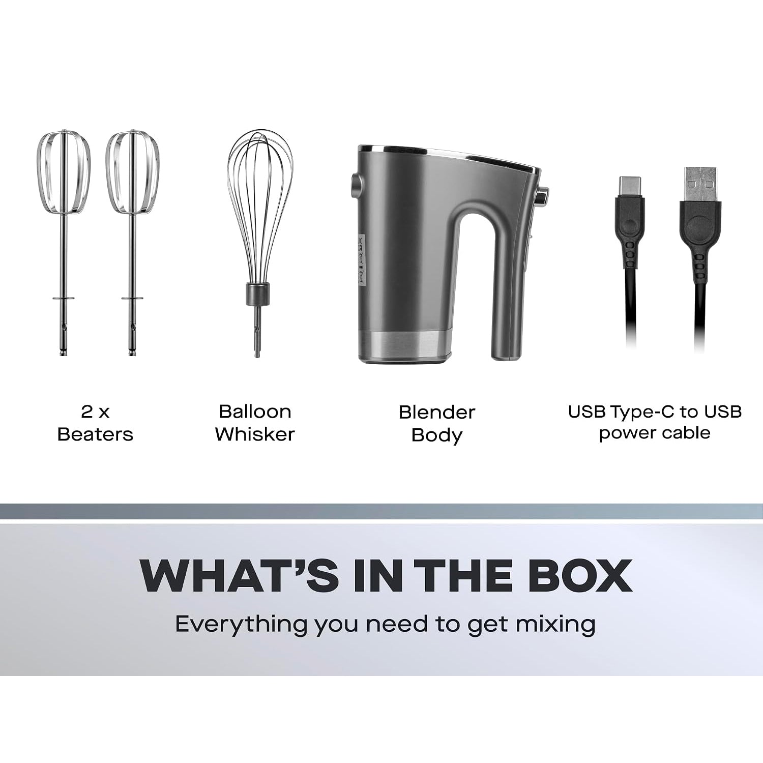 Daewoo Freedom Cordless Pro Handheld Mixer, Detachable Whisk And Beaters, Portable Fast Charge, Battery Indicators, Powerful Motor, Lightweight Brushed Aluminium Design