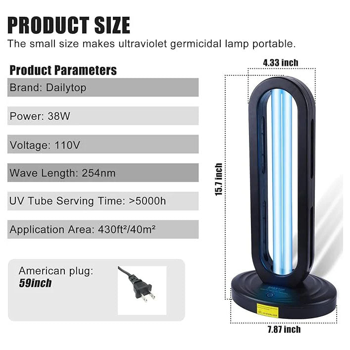 Dailytop 38W UVC Sanitizer — Hospital-Grade Home & Office Disinfection Lamp, Kills Bed Bugs, Mites & Germs, 3-Speed Timer & Remote Control