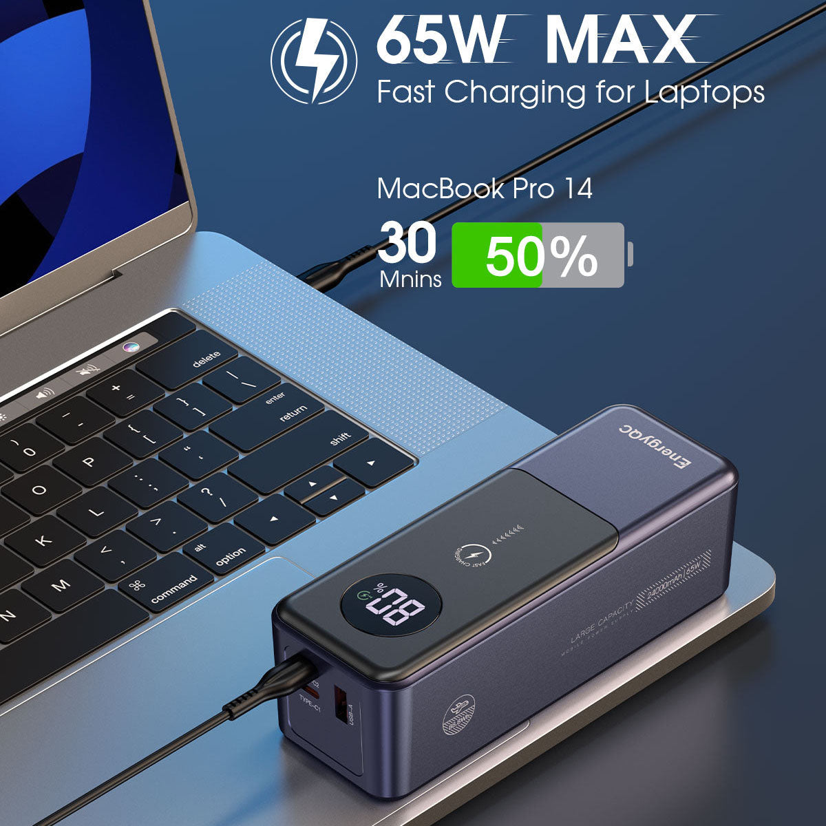 EnergyQC Fast Charging Power Bank,24000mah 65W Digital Display Portable Battery Charger, USB C,Laptop Powerbank with 3 Ports,Charging bank Power Pack for ip, Samsung, Dell, Tablets, Mobile Phone