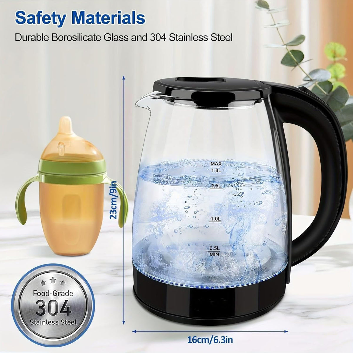 Fast Glass Electric Kettle with Auto Shut-Off 360° Rotating Base 2L 1500w