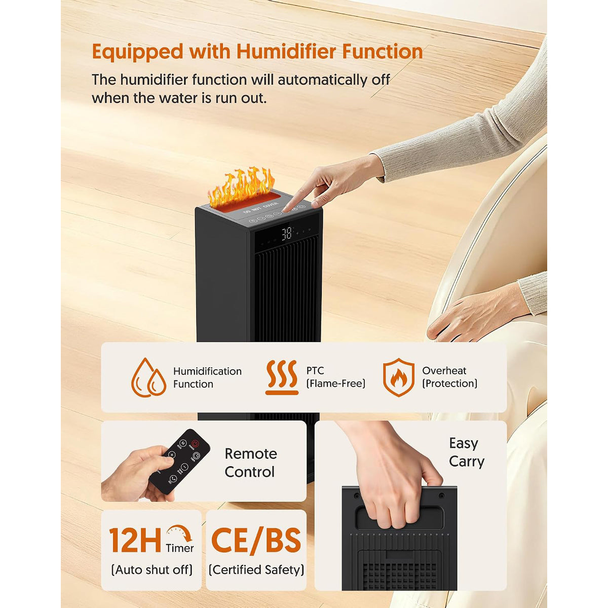 Feenao Space Heater with Humidifiers, 2000W PTC Electric Heater with Thermostat for Indoor, ECO Mode, Portable Heater with Remote, 75° Oscillation, LED Digital Display, 12H Timer, Bedroom, Office