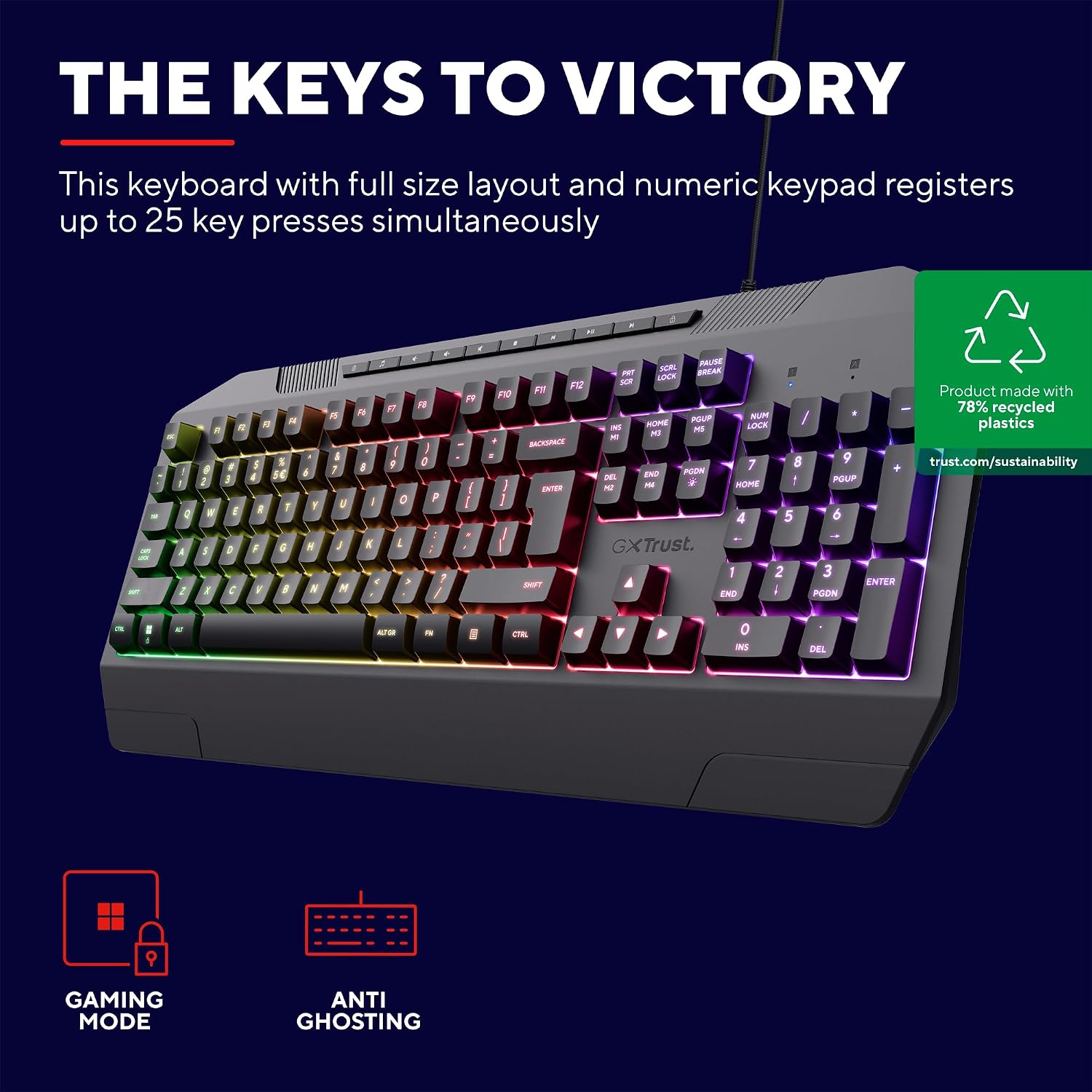 GXTrust 836 Evocx Gaming Keyboard UK Layout, Membrane Keys, 78% Recycled Plastics, RGB LED Illumination, 12 Media Keys, Anti-Ghosting, Spill Resistant Wired USB Keyboard PC Laptop - Black