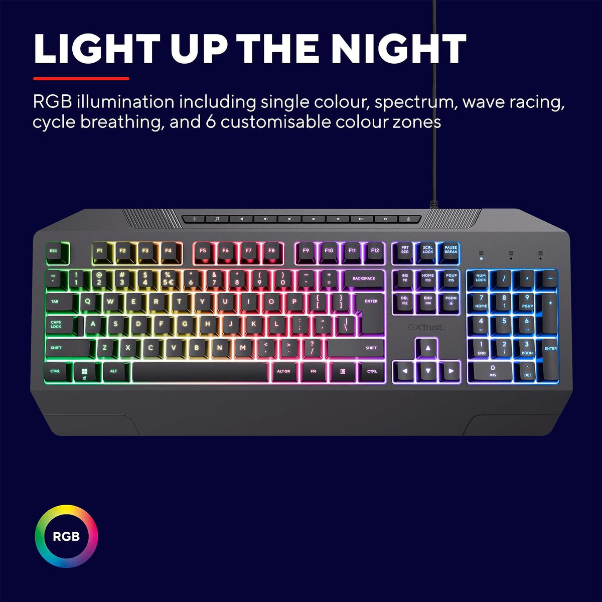 GXTrust 836 Evocx Gaming Keyboard UK Layout, Membrane Keys, 78% Recycled Plastics, RGB LED Illumination, 12 Media Keys, Anti-Ghosting, Spill Resistant Wired USB Keyboard PC Laptop - Black