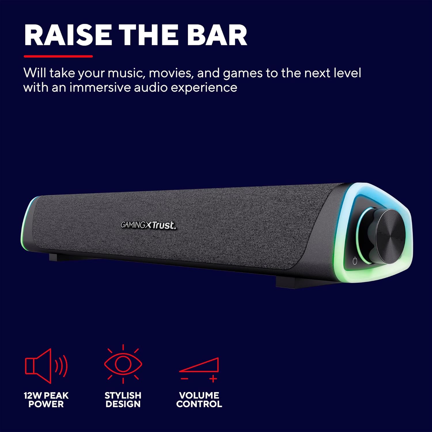 GXTrust Gaming Axon RGB Illuminated Soundbar 12W, USB Powered, 3.5mm AUX, PC Speaker for Computer, Laptop, Smartphone, Tablet, TV - Black