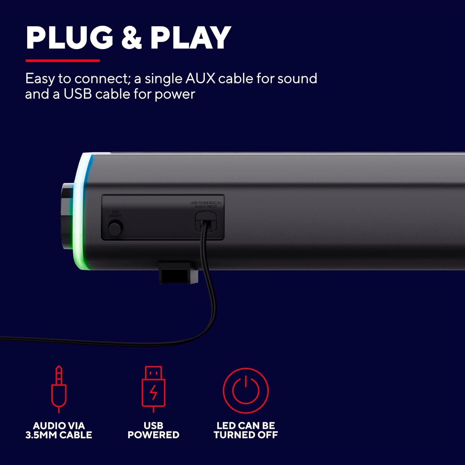 GXTrust Gaming Axon RGB Illuminated Soundbar 12W, USB Powered, 3.5mm AUX, PC Speaker for Computer, Laptop, Smartphone, Tablet, TV - Black
