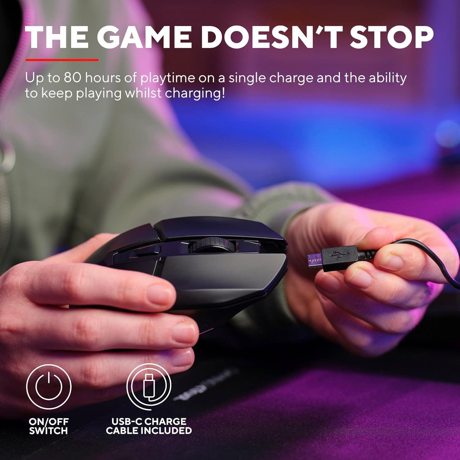 GXTrust Gaming Felox Rechargeable Wireless Gaming Mouse with Mouse Pad, 80h Playtime, 800-4800 DPI, 6 Buttons, Mouse Mat 24.5 x 21cm, RGB Computer Mouse for PC, Laptop, Windows - Black