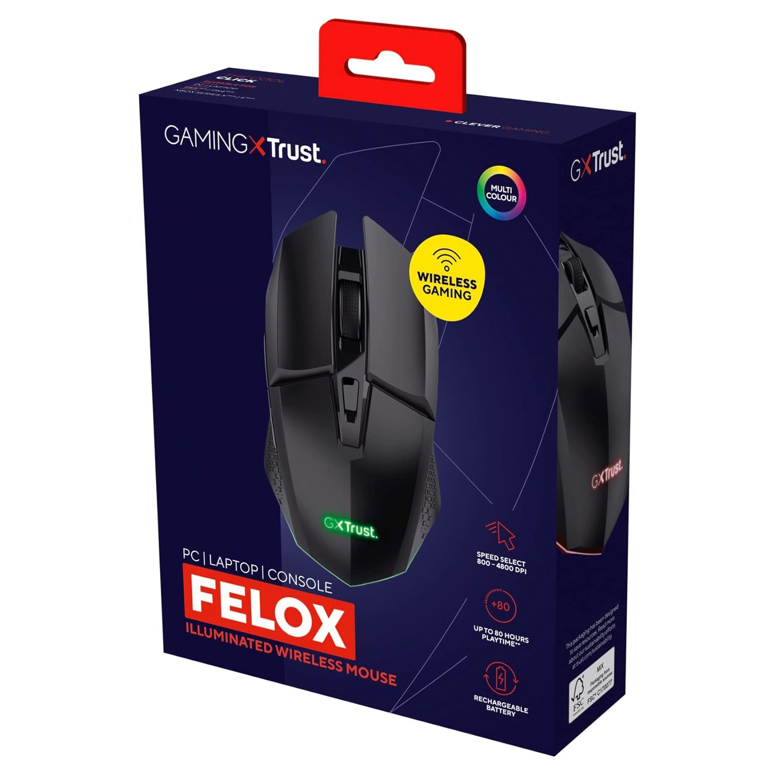 GXTrust Gaming Felox Rechargeable Wireless Gaming Mouse with Mouse Pad, 80h Playtime, 800-4800 DPI, 6 Buttons, Mouse Mat 24.5 x 21cm, RGB Computer Mouse for PC, Laptop, Windows - Black
