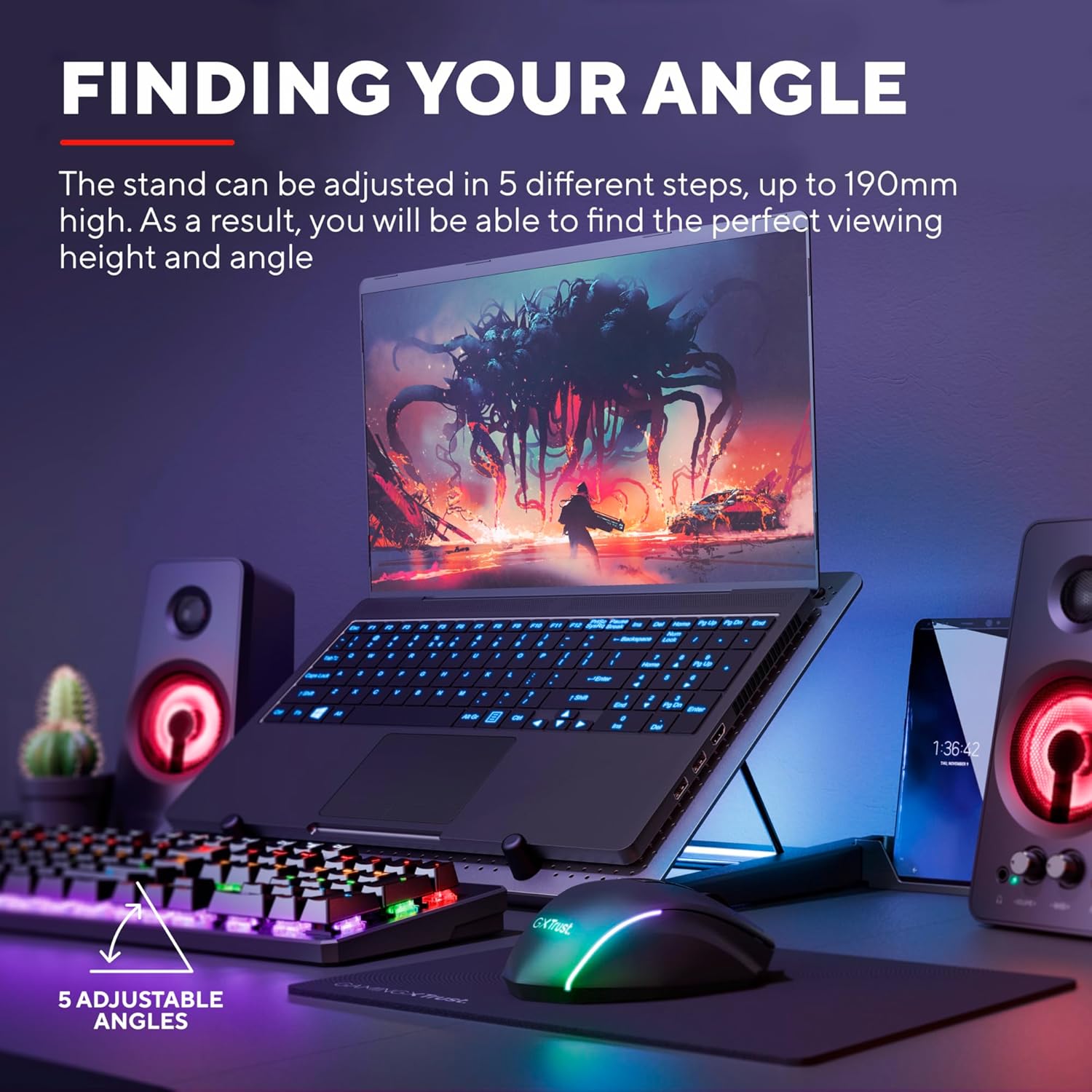 GXTrust Gaming Quno Laptop Cooling Stand - Laptops up to 17.3 inch, 5 Blue Illuminated Fans, Adjustable Angle, Computer Cooler - Black