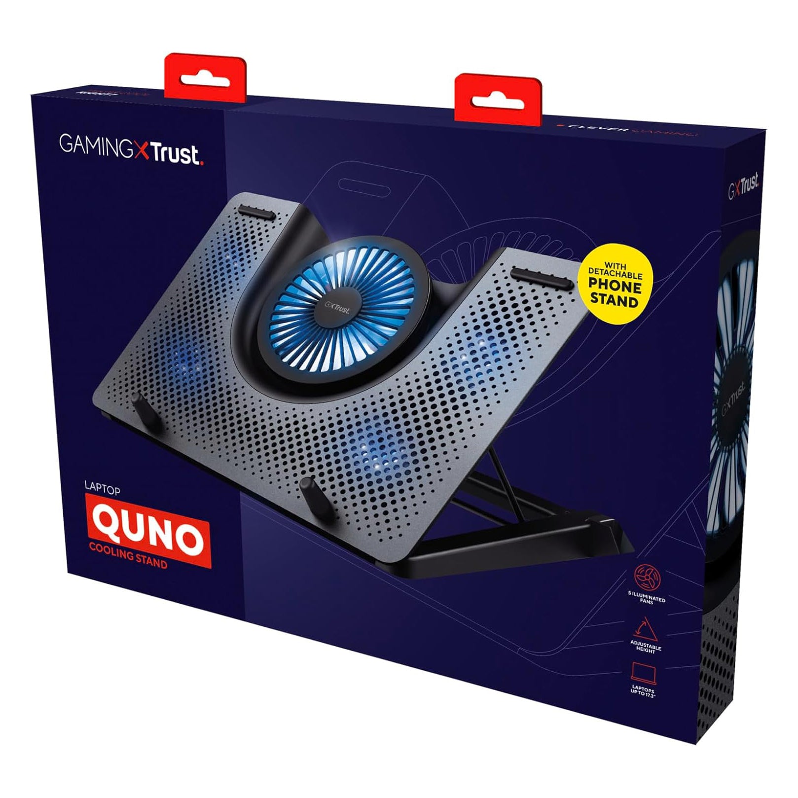 GXTrust Gaming Quno Laptop Cooling Stand - Laptops up to 17.3 inch, 5 Blue Illuminated Fans, Adjustable Angle, Computer Cooler - Black
