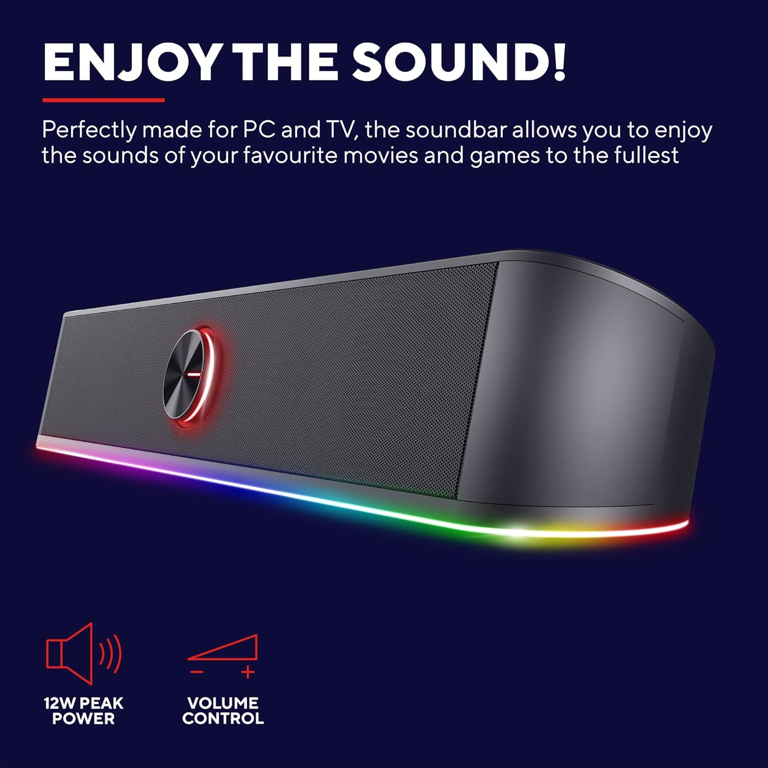 GXTrust Gaming Thorne Soundbar with RGB Lighting 12W, Stereo Computer Boxes, Jack 3.5 mm AUX, Compact 2.0 PC Speaker USB for Desktop, Laptop