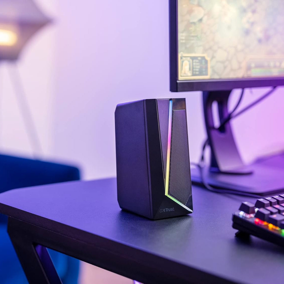 GXTrust Zoxa 2.0 PC Gaming Speakers, 12 W Peak Power, RGB Illuminated Set, USB Powered Sound System, 3.5 mm Aux, Volume Control, Stereo Computer Speakers for Desktop and Laptop - Black