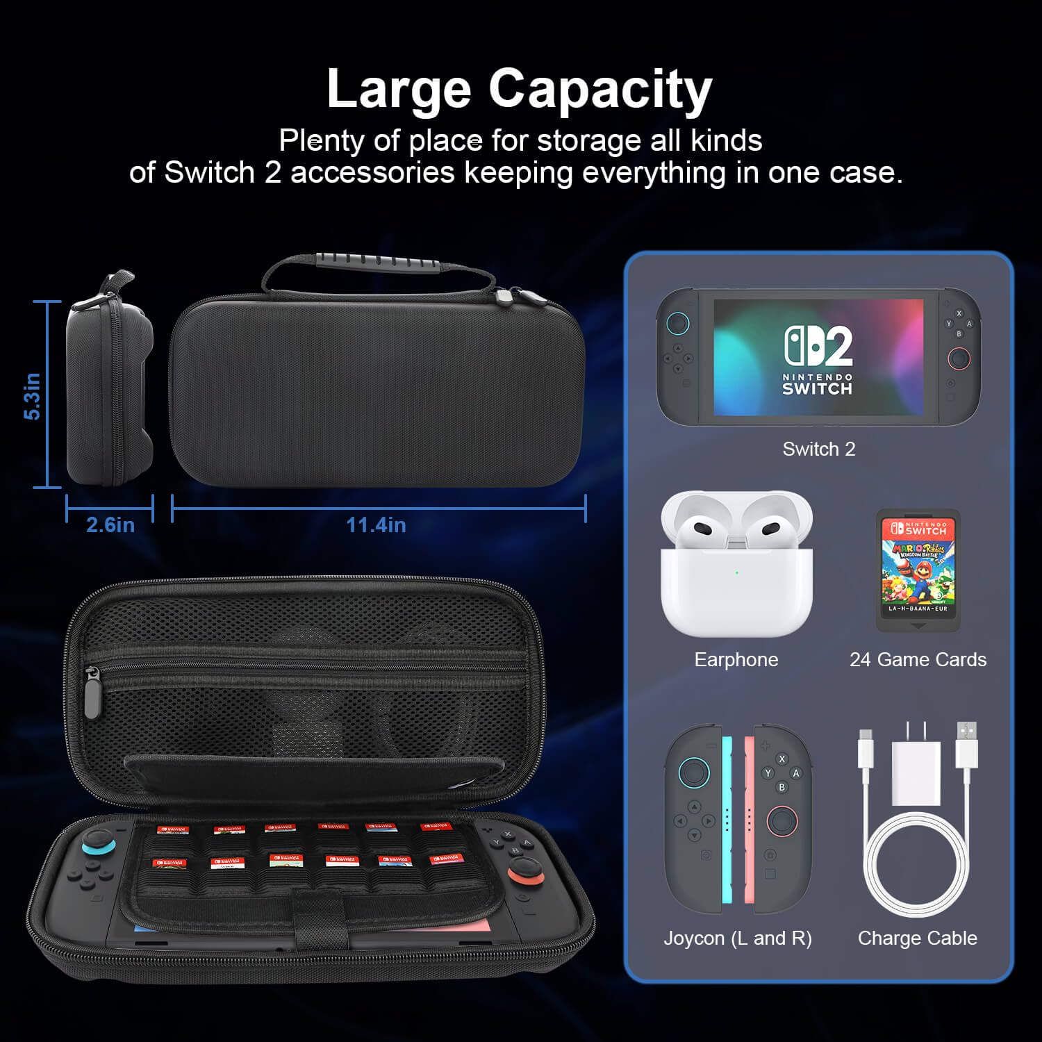 Gamorek Switch 2 Carrying Case Compatible with Nintendo Switch 2, Protective Travel Case with 24 Game Cartridge Slots for Charger and Accessories