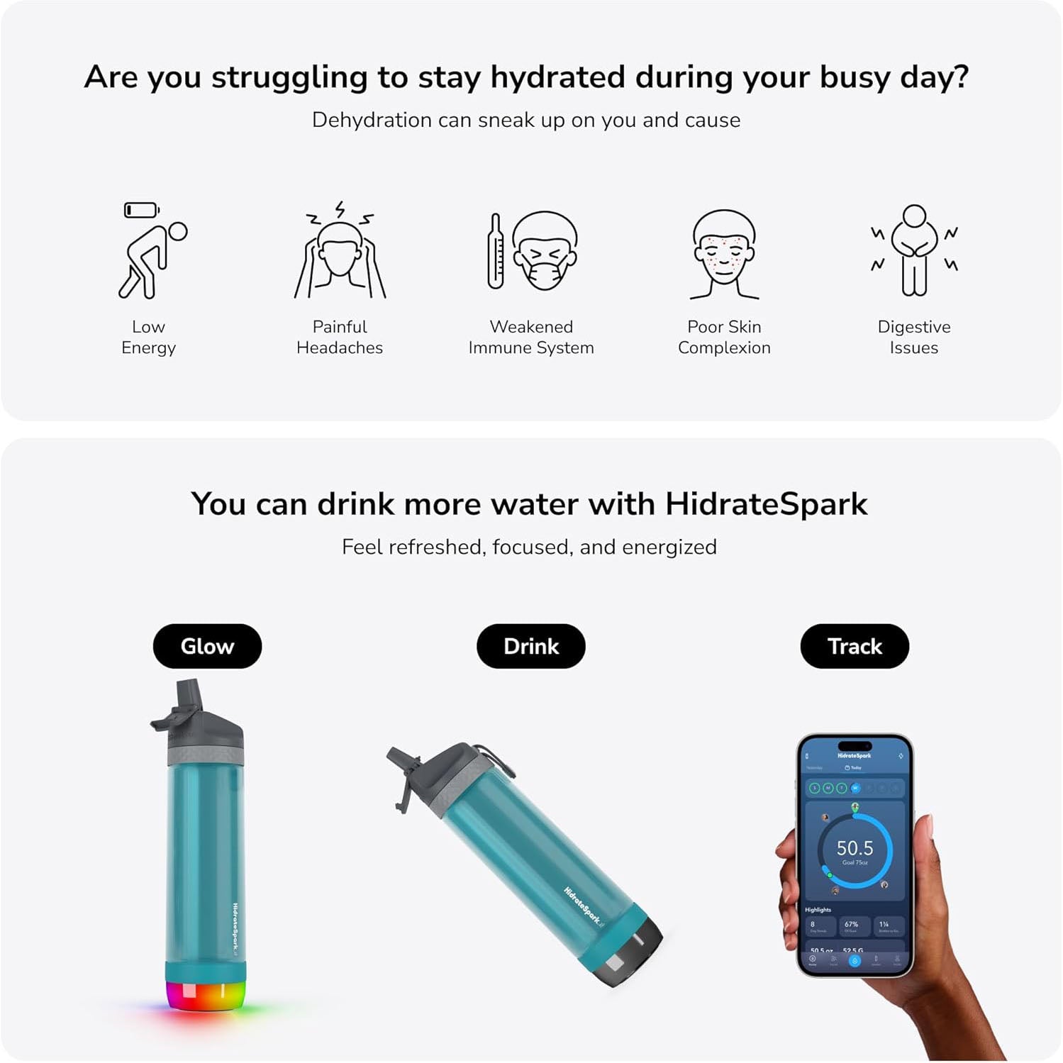 HidrateSpark PRO Lite Smart Water Bottle – Tritan Plastic – Tracks Water Intake with Bluetooth, LED Glow Reminder When You Need to Drink – Straw Lid, 24 oz/710 ml, Sea Glass