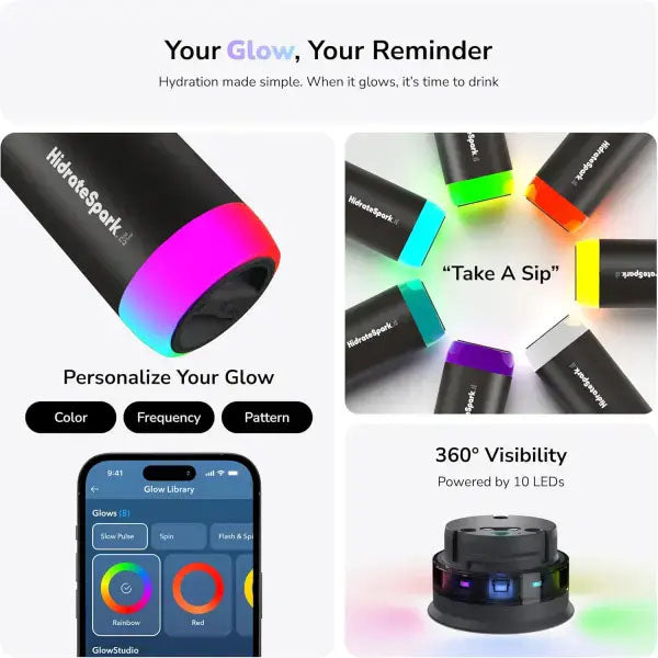 HidrateSpark PRO Smart Water Bottle - Tracks Water Intake & Glows to Remind You to Stay Hydrated, Straw, 21oz/621ml, Stainless Steel
