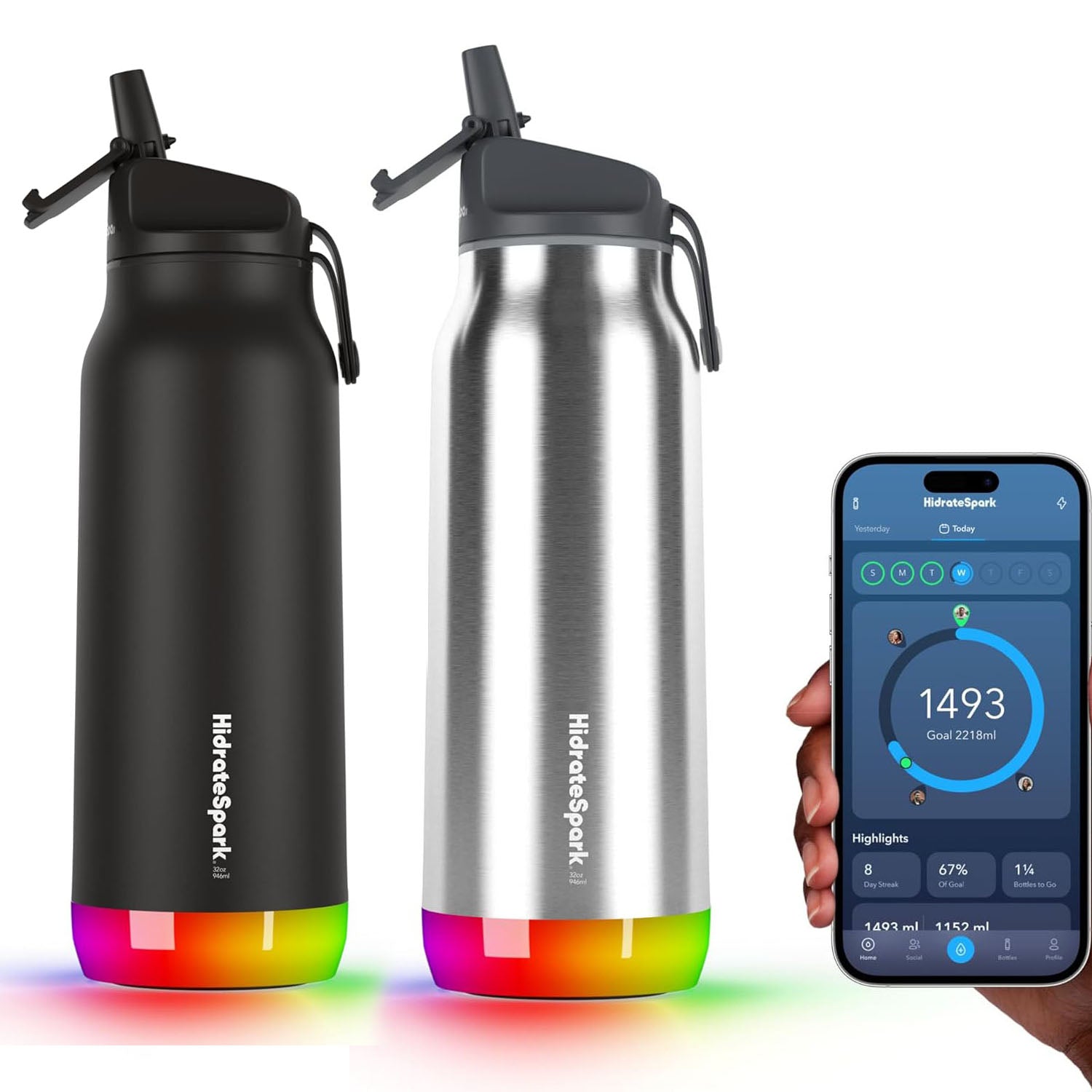 HidrateSpark PRO Smart Water Bottle - Tracks Water Intake & Glows to Remind You to Stay Hydrated, Straw, 32oz/946ml, Stainless Steel (Steel)