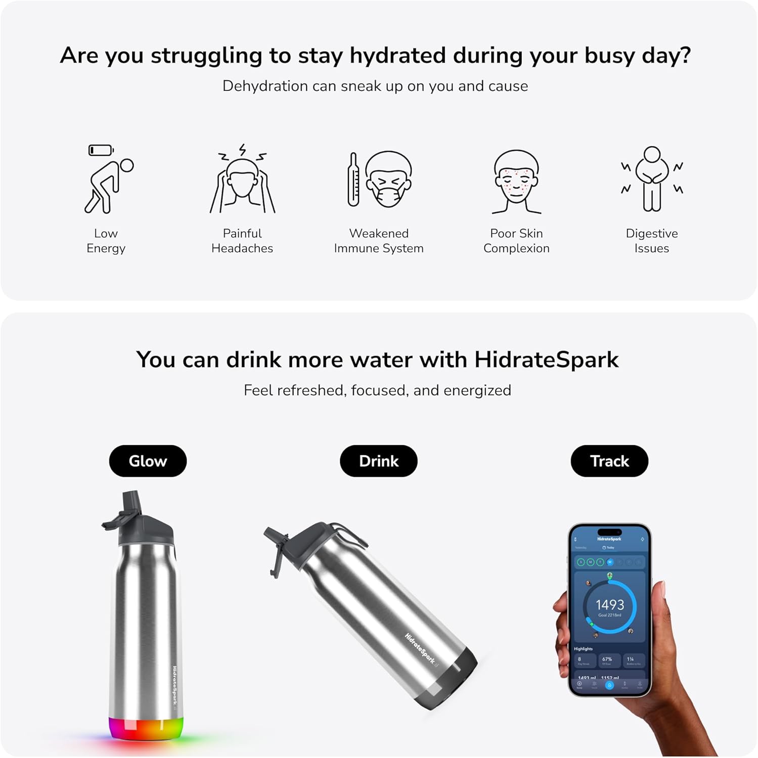 HidrateSpark PRO Smart Water Bottle - Tracks Water Intake & Glows to Remind You to Stay Hydrated, Straw, 32oz/946ml, Stainless Steel (Steel)