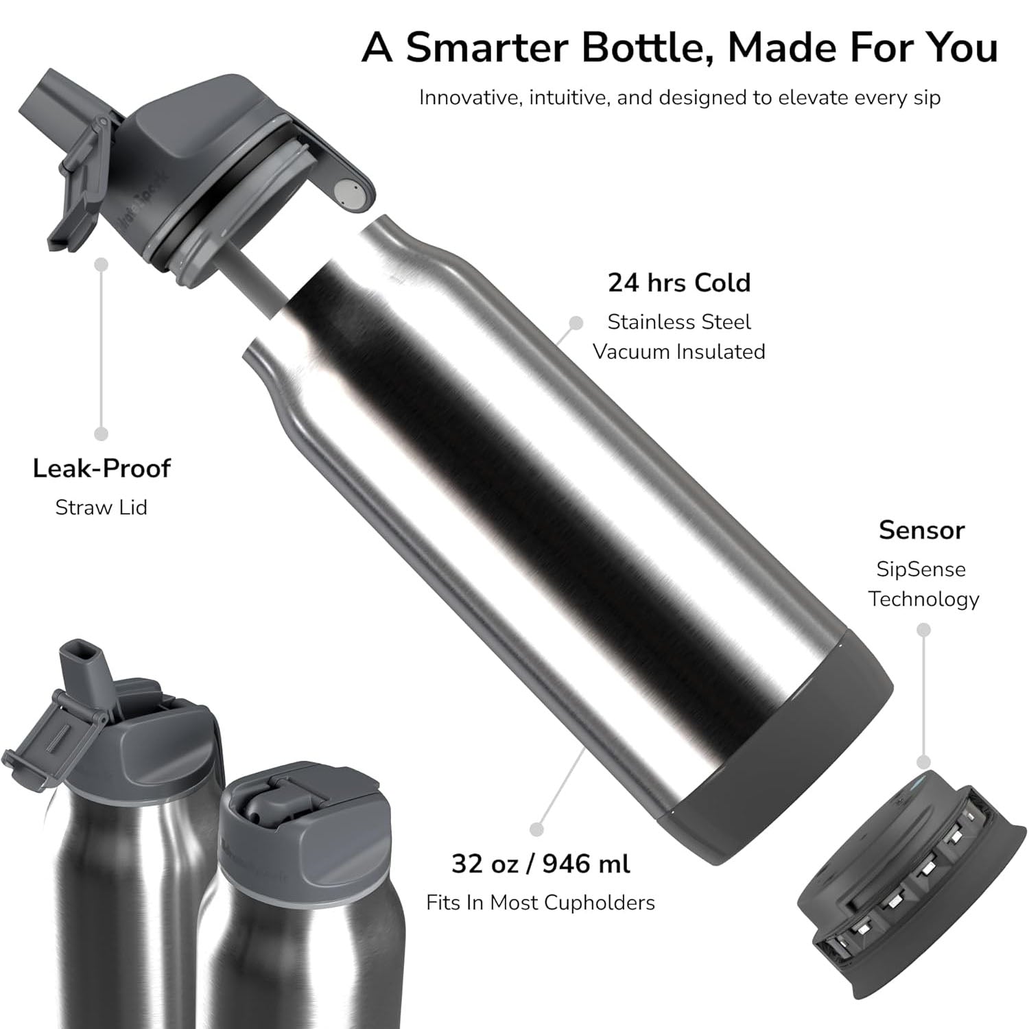 HidrateSpark PRO Smart Water Bottle - Tracks Water Intake & Glows to Remind You to Stay Hydrated, Straw, 32oz/946ml, Stainless Steel (Steel)