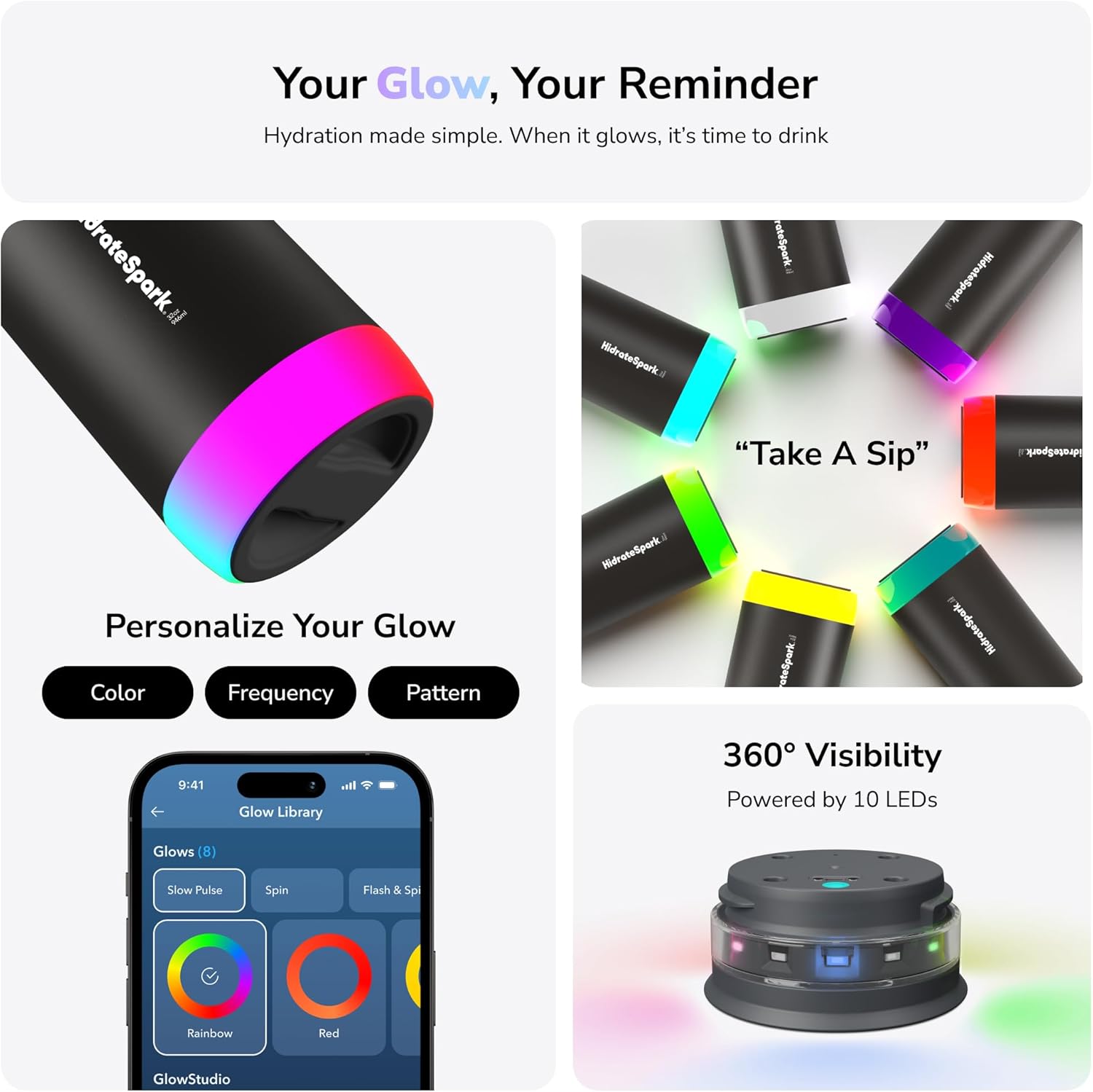 HidrateSpark PRO Smart Water Bottle - Tracks Water Intake & Glows to Remind You to Stay Hydrated, Straw, 32oz/946ml, Stainless Steel (Steel)