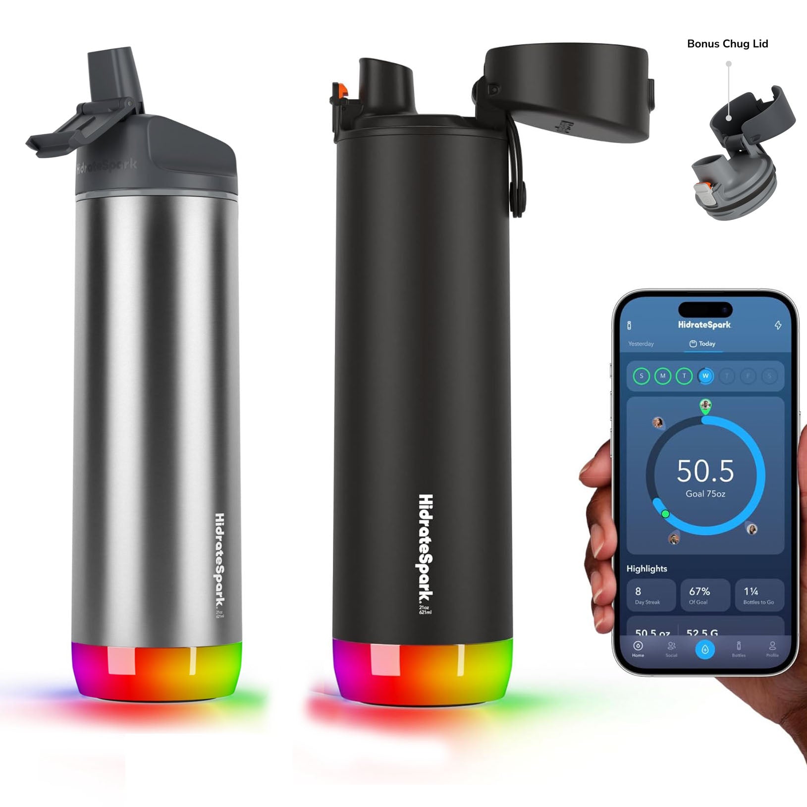 HidrateSpark PRO Smart Water Bottle - Tracks Water Intake & Glows to Remind You to Stay Hydrated, Straw, 21oz/621ml, Stainless Steel