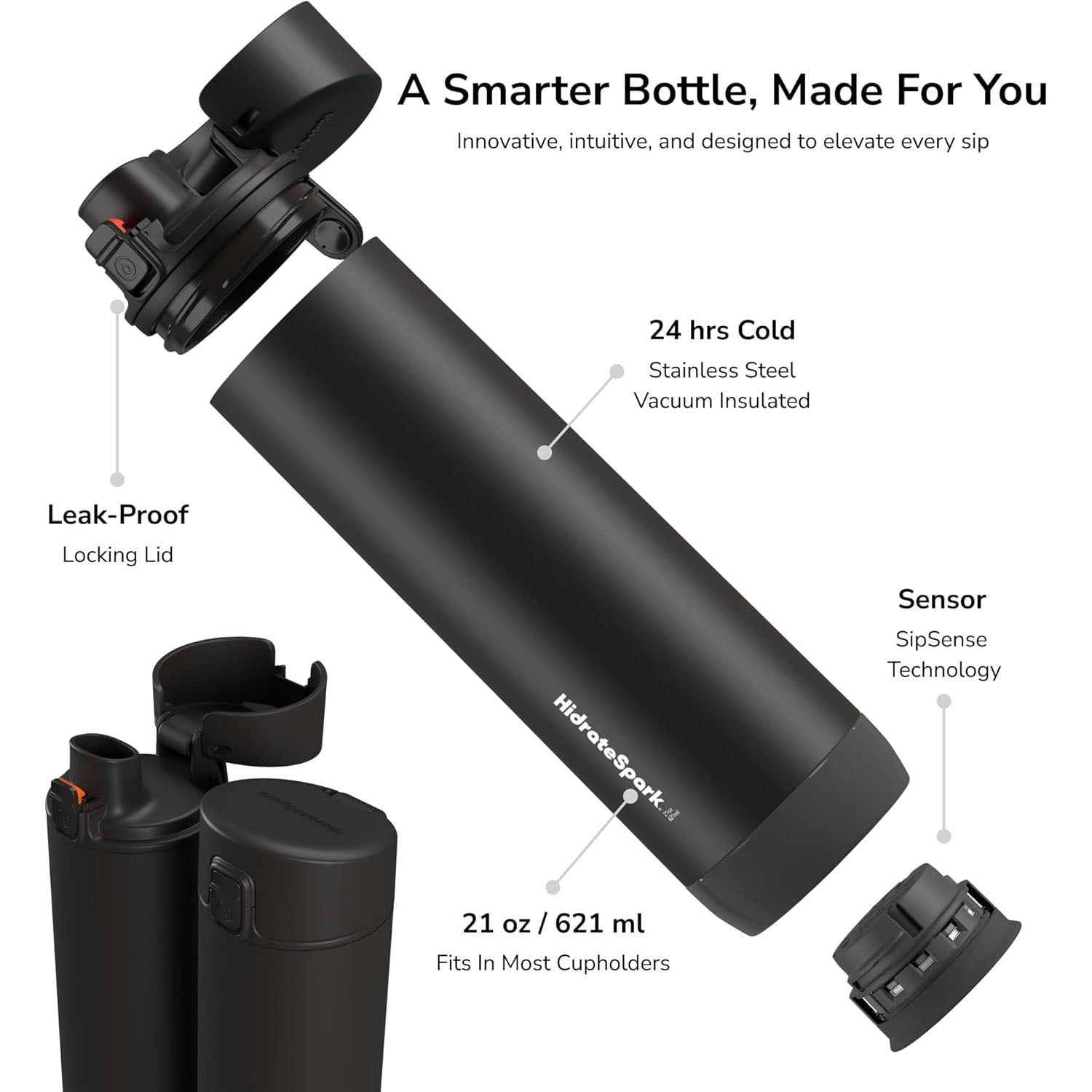 HidrateSpark PRO Smart Water Bottle - Tracks Water Intake & Glows to Remind You to Stay Hydrated, Straw, 21oz/621ml, Stainless Steel