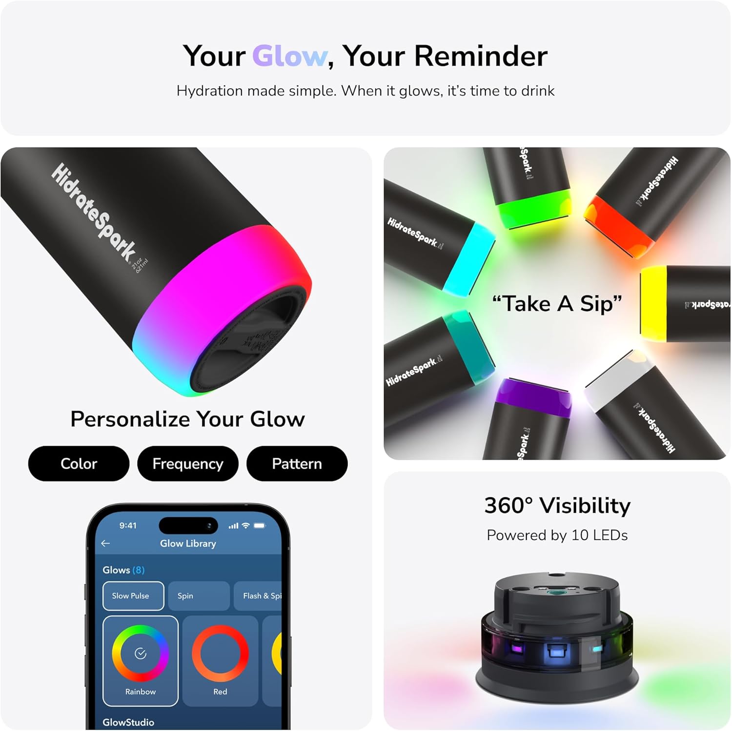 HidrateSpark PRO Smart Water Bottle - Tracks Water Intake & Glows to Remind You to Stay Hydrated, Straw, 21oz/621ml, Stainless Steel