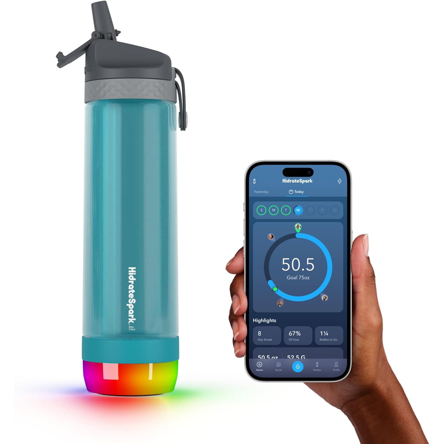 HidrateSpark PRO Lite Smart Water Bottle – Tritan Plastic – Tracks Water Intake with Bluetooth, LED Glow Reminder When You Need to Drink – Straw Lid, 24 oz/710 ml, Sea Glass