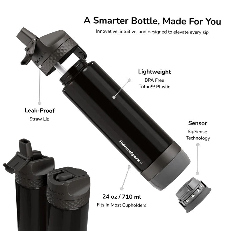 HidrateSpark PRO Lite Smart Water Bottle – Tritan Plastic – Tracks Water Intake with Bluetooth, LED Glow Reminder When You Need to Drink – Straw Lid, 24 oz/710 ml, Sea Glass