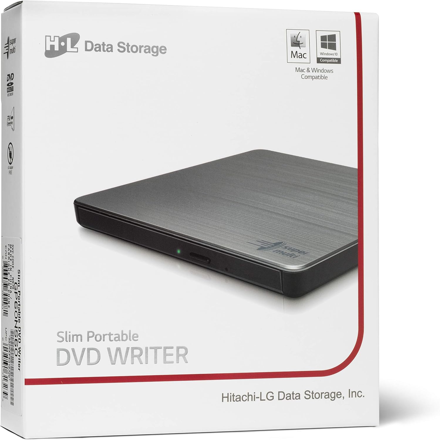 Hitachi LG GP60 External DVD Drive, Slim Portable DVD Writer/Writer for Laptop, Compatible with Windows and Mac OS, USB 2.0, 8x Read/Write Speed, Silver
