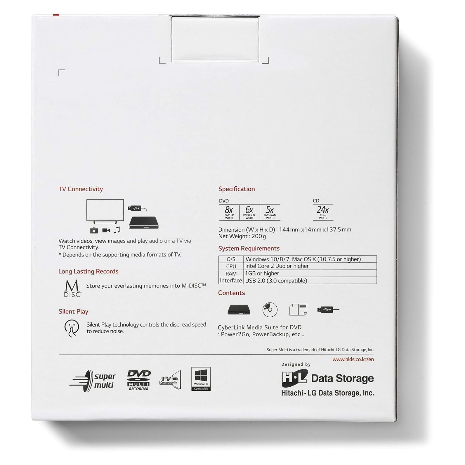 Hitachi LG GP60 External DVD Drive, Slim Portable DVD Writer/Writer for Laptop, Compatible with Windows and Mac OS, USB 2.0, 8x Read/Write Speed, Silver