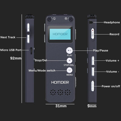 Homder USB Professional Digital Voice Recorder, Dictaphone Recorder with MP3 Player, Activated Rechargeable, Stereo HD Recording for Lectures (16GB)
